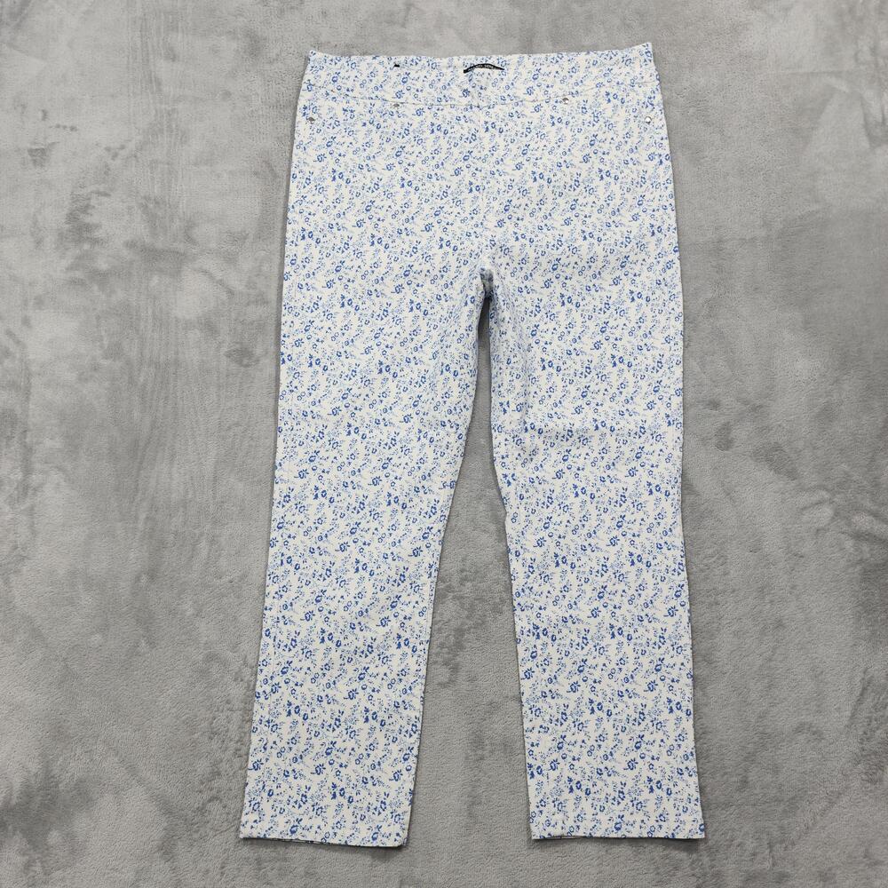 Mario Serrani Pants Womens L White Blue Floral Capri Crop Pull On Stretch Casual